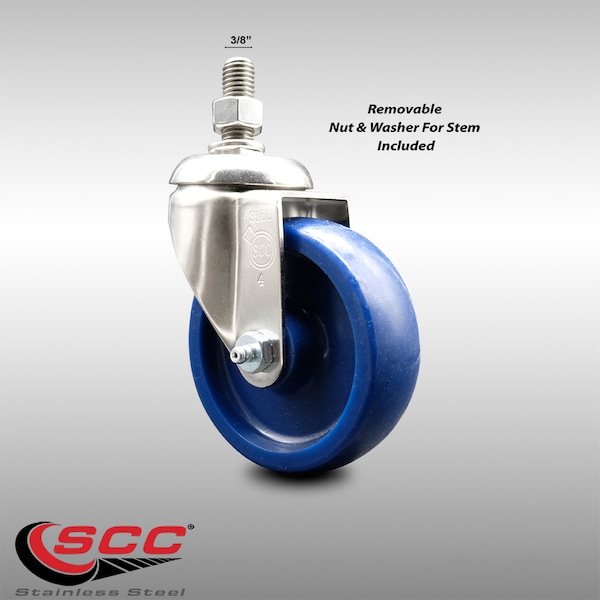 4 Inch 316SS Solid Polyurethane Wheel Swivel 3/8 Inch Threaded Stem Caster SCC